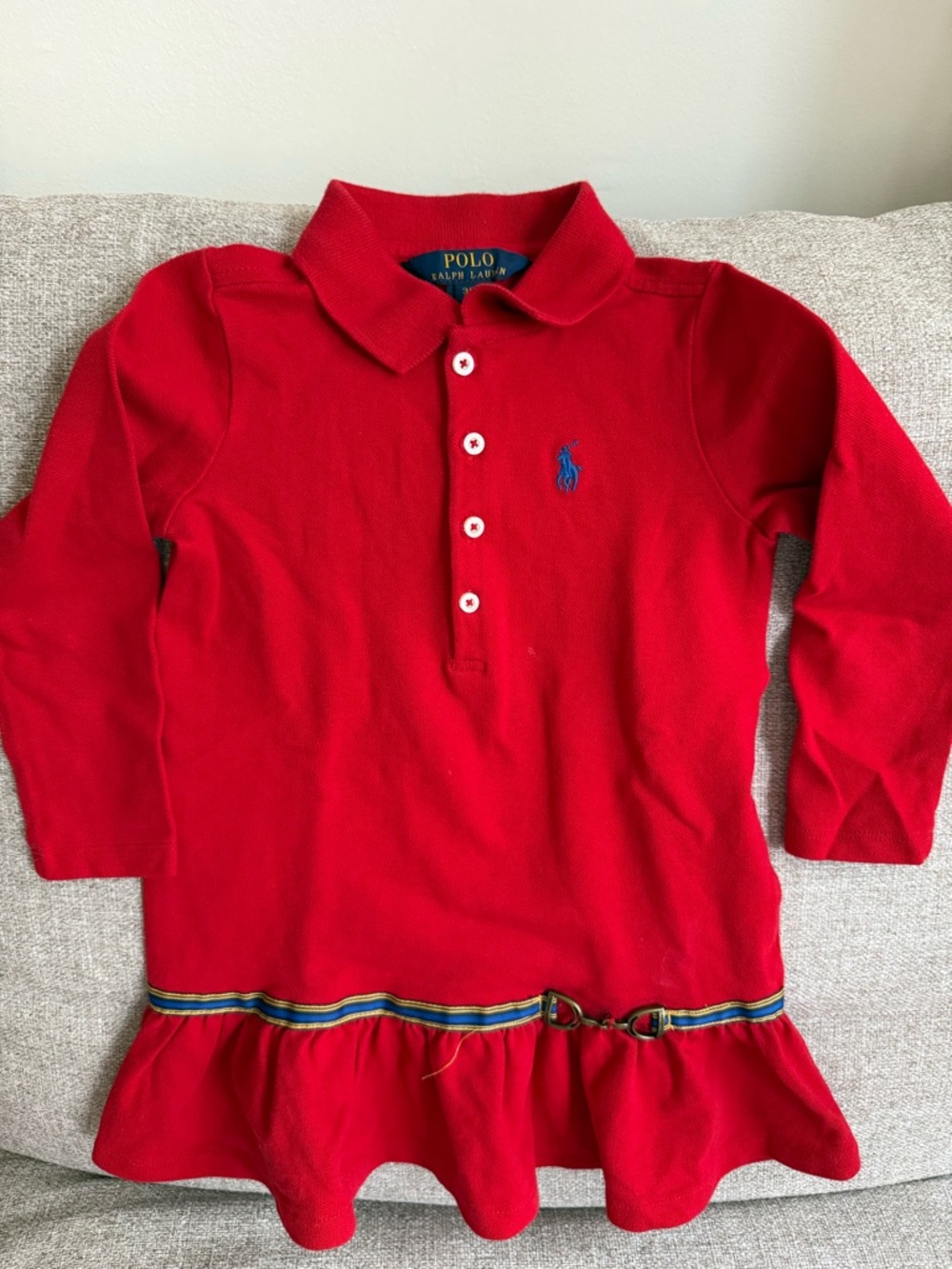 Polo by Ralph Lauren Red Long-Sleeve Polo Dress with Blue Logo (3T)